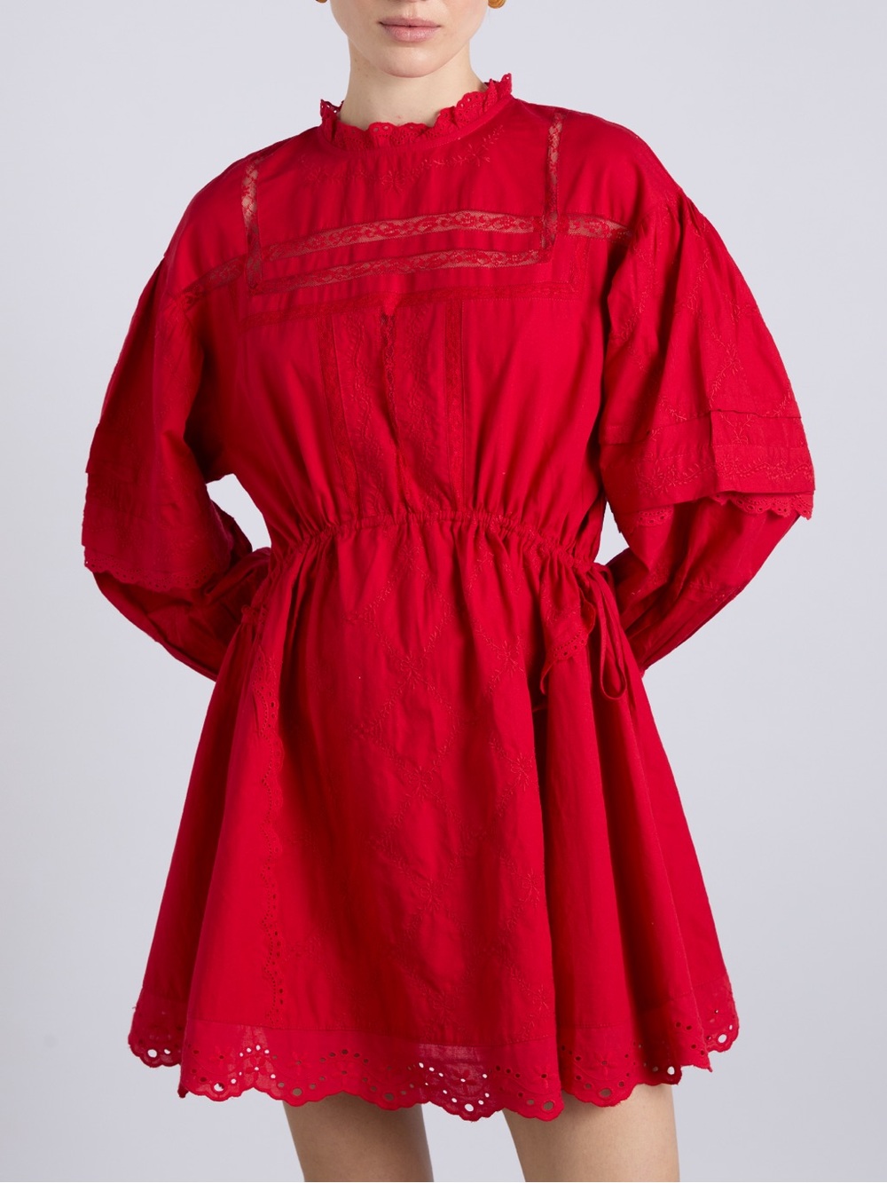 Damson Madder NWT $200 Clancy Red Balloon Long Sleeve Lace Inset Mini Dress 14